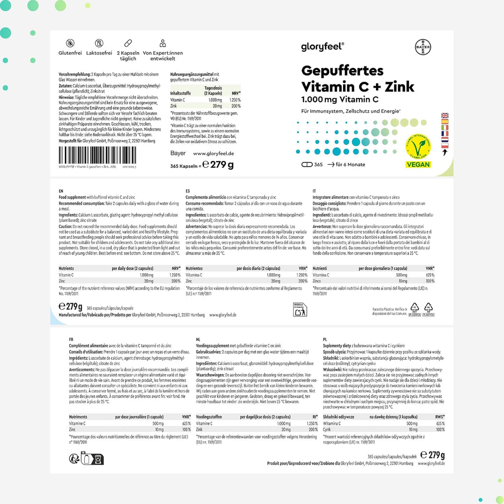 Vitamina C + Zinc - 365 Cápsulas - 1000Mg Vitamina C + 20Mg Zinc - Apoya El Sistema Inmunológico Y Reduce La Fatiga - Con Protección Gástrica Y Ph Neutro -100% Vegano