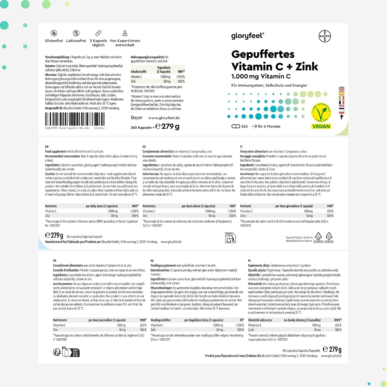 Vitamina C + Zinc - 365 Cápsulas - 1000Mg Vitamina C + 20Mg Zinc - Apoya El Sistema Inmunológico Y Reduce La Fatiga - Con Protección Gástrica Y Ph Neutro -100% Vegano