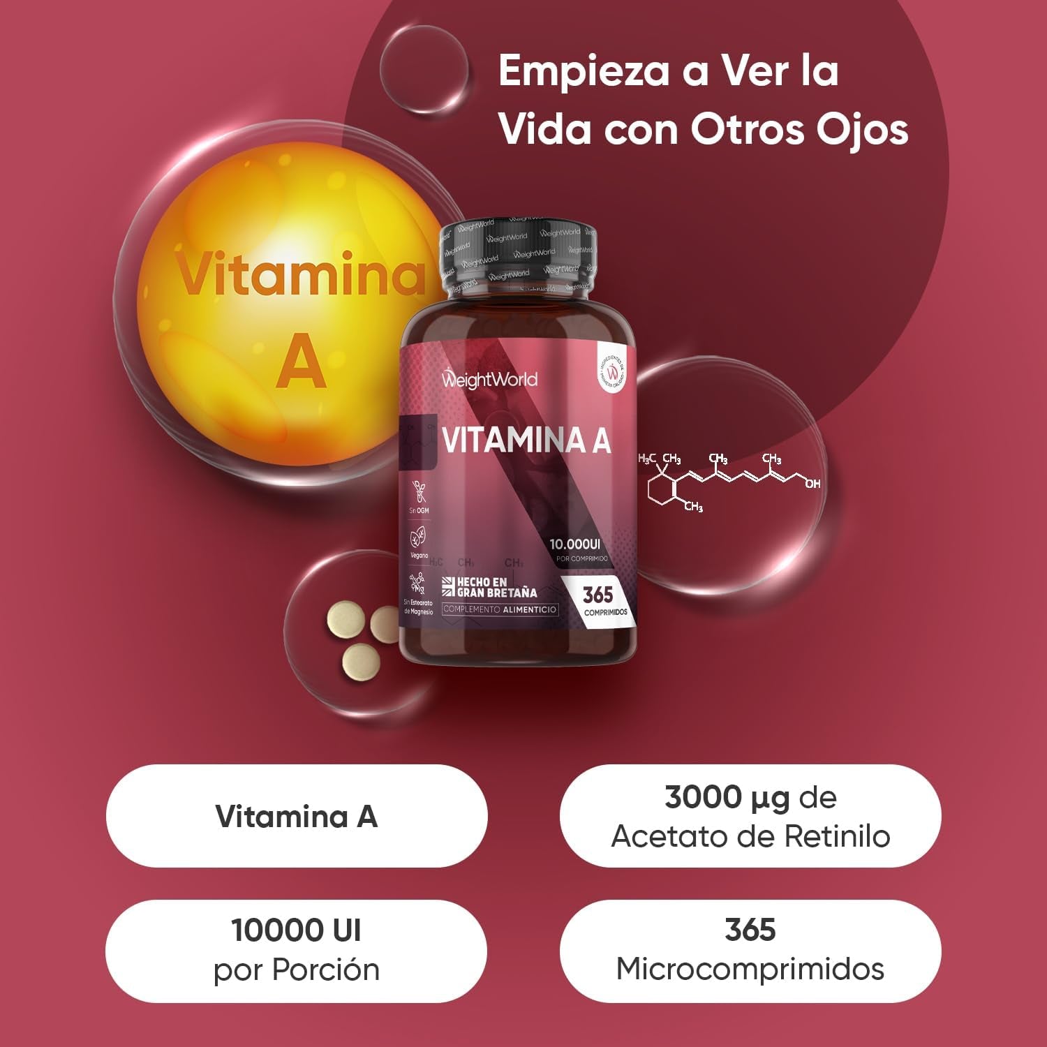 Vitamina a 10000 UI - 365 Comprimidos De Acetato De Retinol Vegano Y Sin OGM Para 1 Año - La Vitamina a Contribuye Al Mantenimiento Normal De La Vista (EFSA)