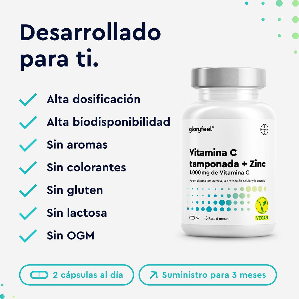 Vitamina C + Zinc - 365 Cápsulas - 1000Mg Vitamina C + 20Mg Zinc - Apoya El Sistema Inmunológico Y Reduce La Fatiga - Con Protección Gástrica Y Ph Neutro -100% Vegano