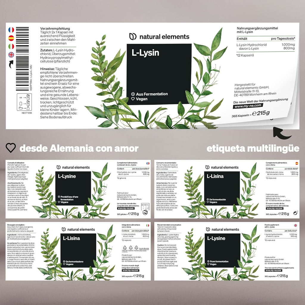 L-Lisina - Fabricado En Alemania - 365 Cápsulas - 1.000 Mg Por Dosis Diaria - Procedente De Fermentación Vegetal - Producto Vegano, Alta Dosificación, Sin Aditivos
